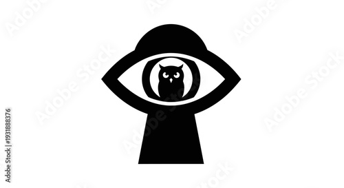 Silhouette of an owl seen through a keyhole eye logo