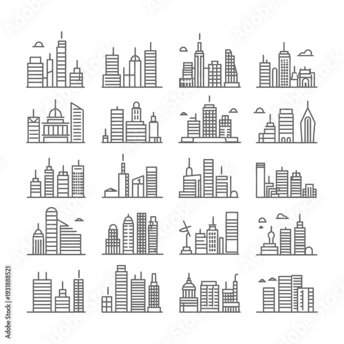 Collection of City Skyline Illustrations with Simple Line Art Designs