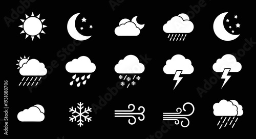 Weather Icons Collection: Sun, Moon, Clouds, Rain, Snow, Lightning, Wind