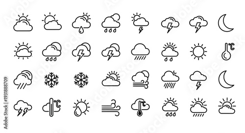 Weather Icons Set: Sun, Clouds, Rain, Snow, Thunderstorm, Moon, Thermometer