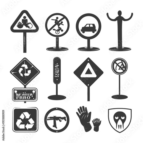 Collection of Diverse Black and White Signs with Different Symbols and Shapes