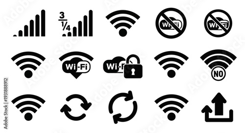 Wi-Fi Signal Icons: Connectivity, Signal Strength, Security & Upload Symbols