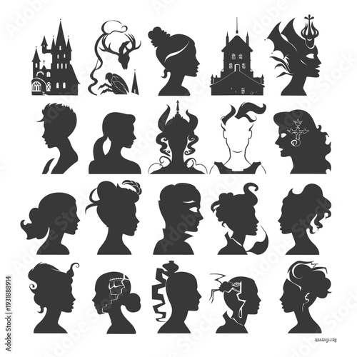 Collection of Diverse Female Silhouettes with Unique Hairstyles and Accessories