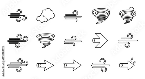 Wind Icons and Weather Symbols: Tornado, Breeze, Airflow, Clouds, Direction Arrows