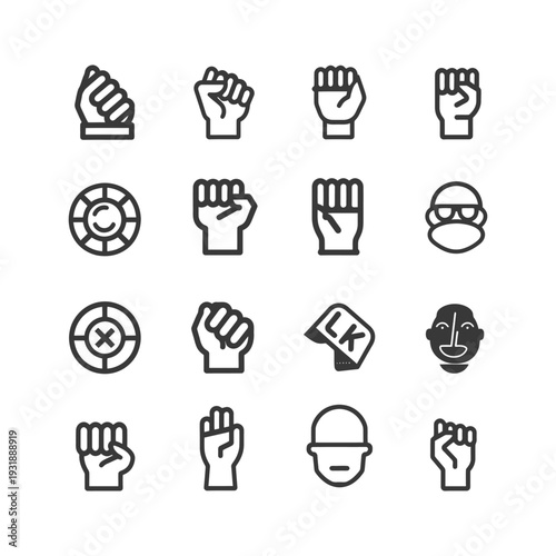 Collection of Diverse Line Icons, Including Fists, Symbols, and Faces