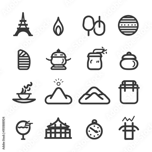 Collection of Diverse Line Art Icons with Various Themes