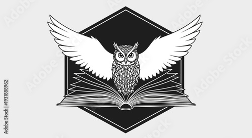 Wise Owl Flying from Open Book Logo, Symbol of Knowledge and Wisdom