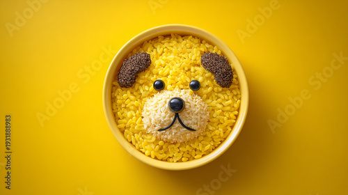 Cute Dog Face Made From Rice and Food on Yellow Background.