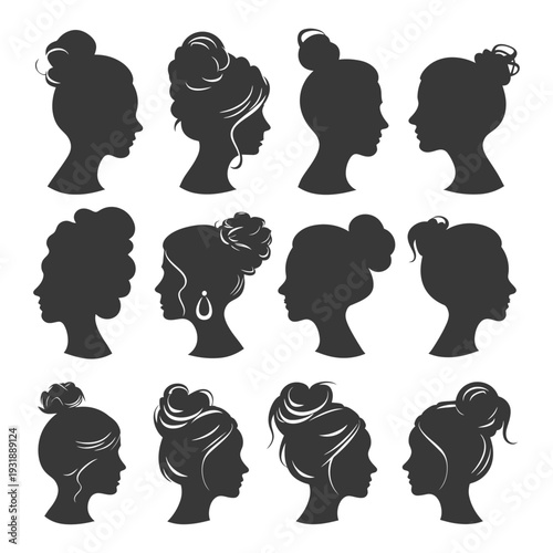 Collection of Female Silhouettes with Various Bun Hairstyles