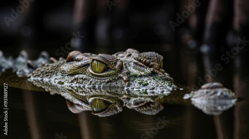 Crocodile Head Floating in Dark Water.