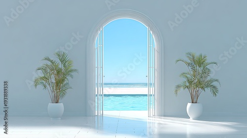 Archway doorway offering ocean view with potted plants and blue sky