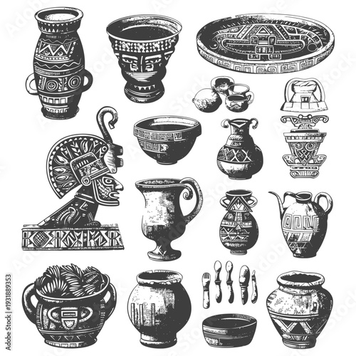 Collection of Hand-Drawn Ancient Pottery Vessels