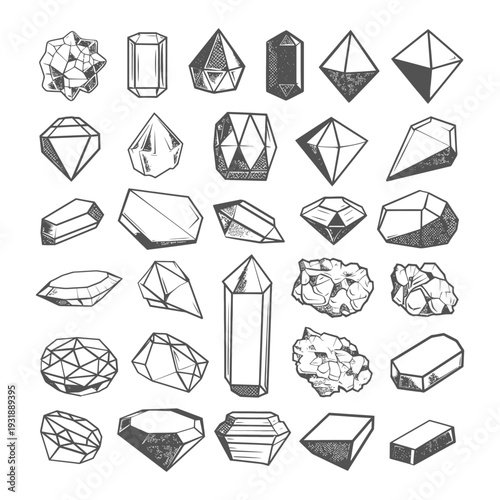 Collection of Hand-Drawn Geometric Crystal and Gemstone Illustrations