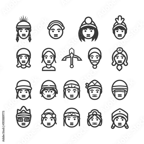 Collection of Line Art Icons Depicting People in Headwear