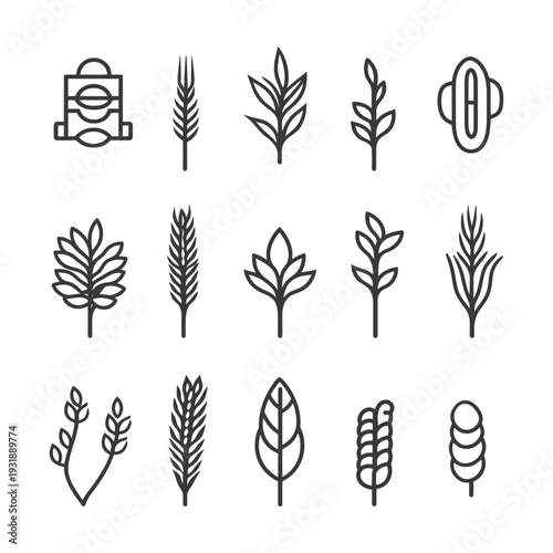 Collection of Line Art Icons Depicting Various Plants and Wheat