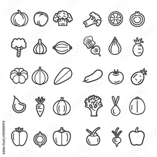 Collection of Line Drawings of Fruits and Vegetables