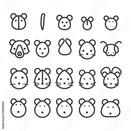 Collection of Mouse and Rat Faces in Line Art Style