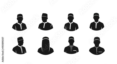 Minimal Muslim man silhouette logo set featuring 4 branding variations including side profile with kufi cap, front view modest outfit, circular emblem badge, and crescent combination concept.