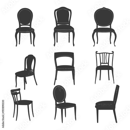 Collection of Nine Silhouettes of Different Styles of Chairs