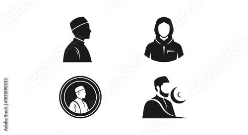 Minimal Muslim man silhouette logo set featuring 4 branding variations including side profile with kufi cap, front view modest outfit, circular emblem badge, and crescent combination concept.