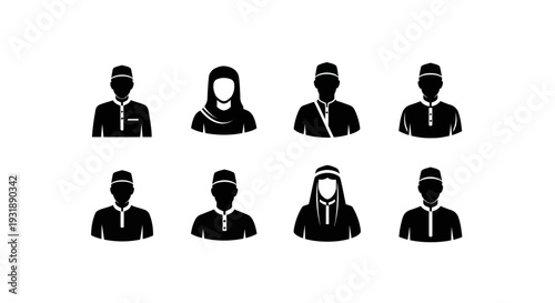 Minimal Muslim man silhouette logo set featuring 4 branding variations including side profile with kufi cap, front view modest outfit, circular emblem badge, and crescent combination concept.