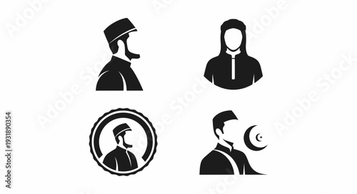 Minimal Muslim man silhouette logo set featuring 4 branding variations including side profile with kufi cap, front view modest outfit, circular emblem badge, and crescent combination concept.