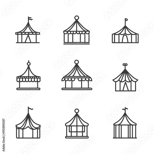 Collection of Nine Simple Line Drawings of Circus Tents