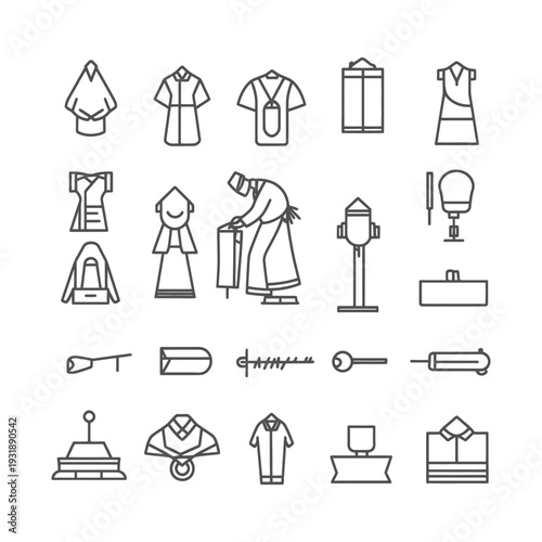 Collection of Outline Icons Depicting Clothing, Tools, and Objects
