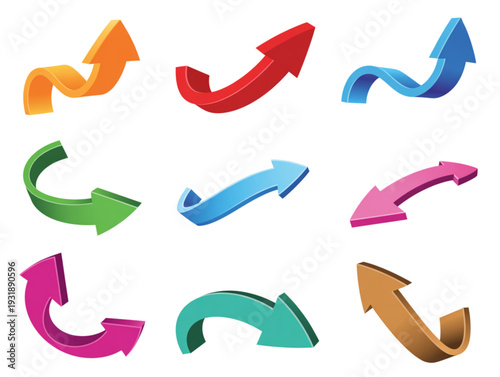 Set of nine colorful 3D curved arrows, isolated on white background for business infographics and presentations
