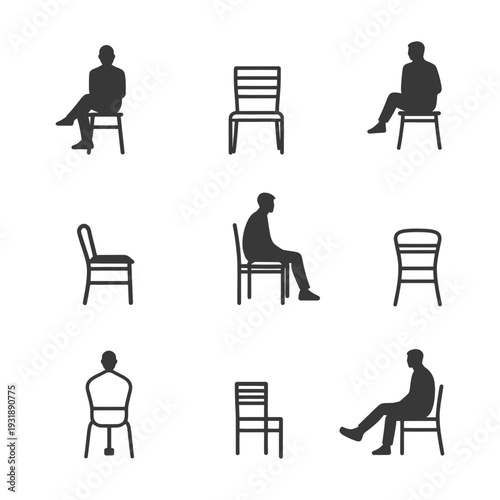 Collection of Silhouette Icons Depicting People Sitting on Chairs