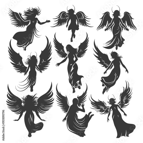 Collection of Silhouettes of Angels with Wings