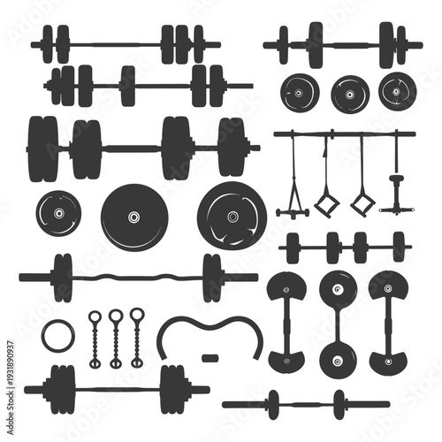 Collection of Silhouettes of Weights, Barbells, and Gym Equipment