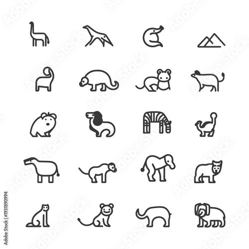 Collection of Simple Line Drawings of Various Animals