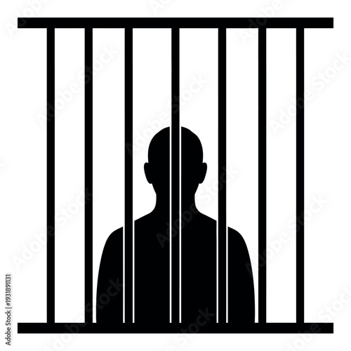 Prisoner silhouette behind bars vector icon for crime justice and jail prison concept design