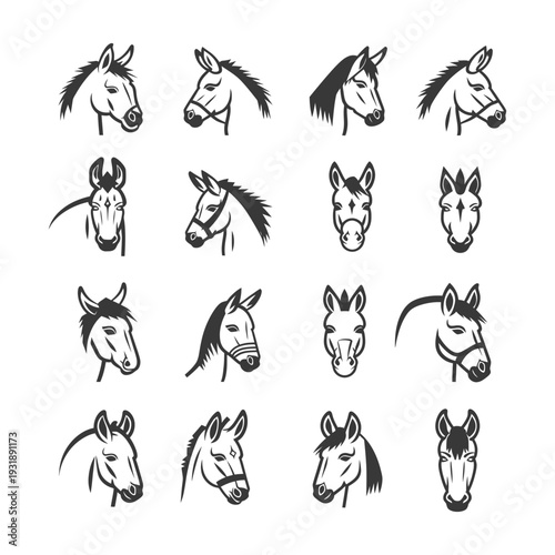 Collection of Sixteen Black and White Horse Head Illustrations