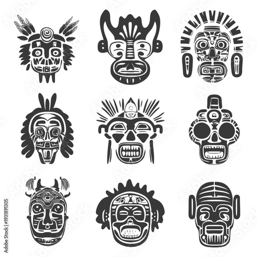 Collection of Tribal Masks with Geometric Patterns