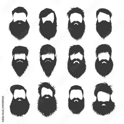 Collection of Twelve Black and White Silhouettes of Beards and Haircuts