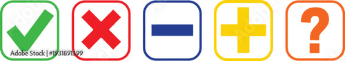 A set of five icons representing checkmark cross minus plus and question mark