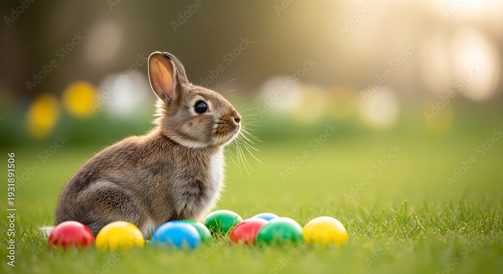 Fototapeta premium A fluffy rabbit sits amongst colorful Easter eggs on green grass, bathed in sunlight