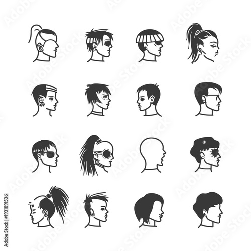 Collection of Various Hairstyles and Accessories Depicting Individuals in Profile