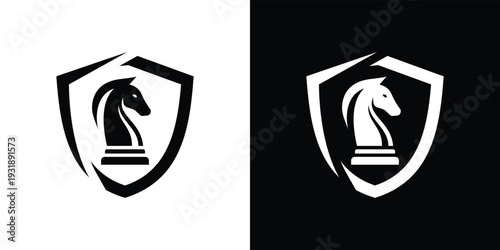 Knight Chess Piece Shield Logo Design Concept in Black and White.