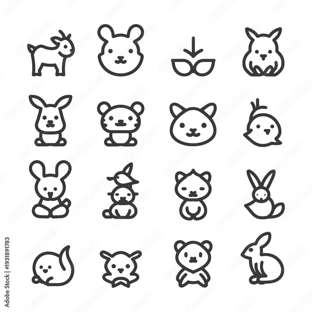 Obraz premium Cute Animal Icons in Outline Style