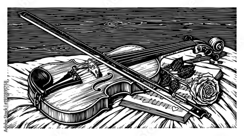 Vintage Woodcut Violin Still Life with Bow Rose and Harmonica Black-and-White Engraving Illustration