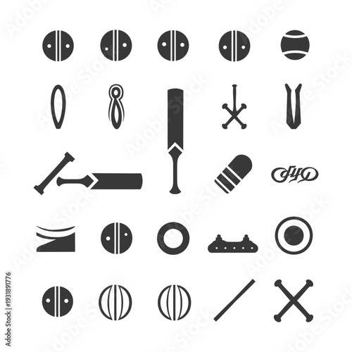 Cricket Equipment and Ball Icons in Black and White