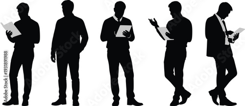 Five black silhouettes of men in business attire holding documents businessmen white background