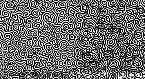 Intricate black and white swirling pattern design.