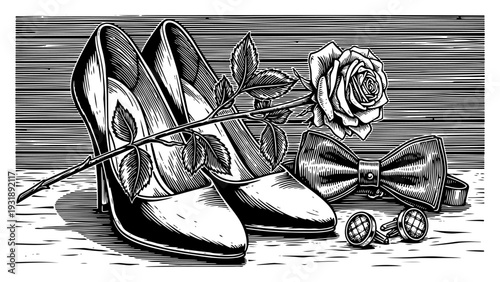 Hand Drawn Engraved High Heels Rose Bow Tie and Cufflinks Still Life on Wooden Background