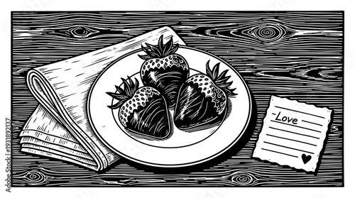 Hand Drawn Engraved Strawberries on Plate with Love Note and Napkin over Rustic Wooden Background
