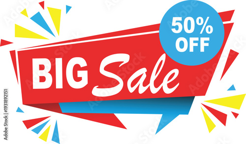 Red and blue big sale banner with 50 percent off and colorful burst decorations