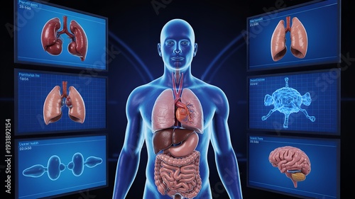 Human body anatomy visualization with glowing blue outline and detailed internal organs displayed on multiple screens